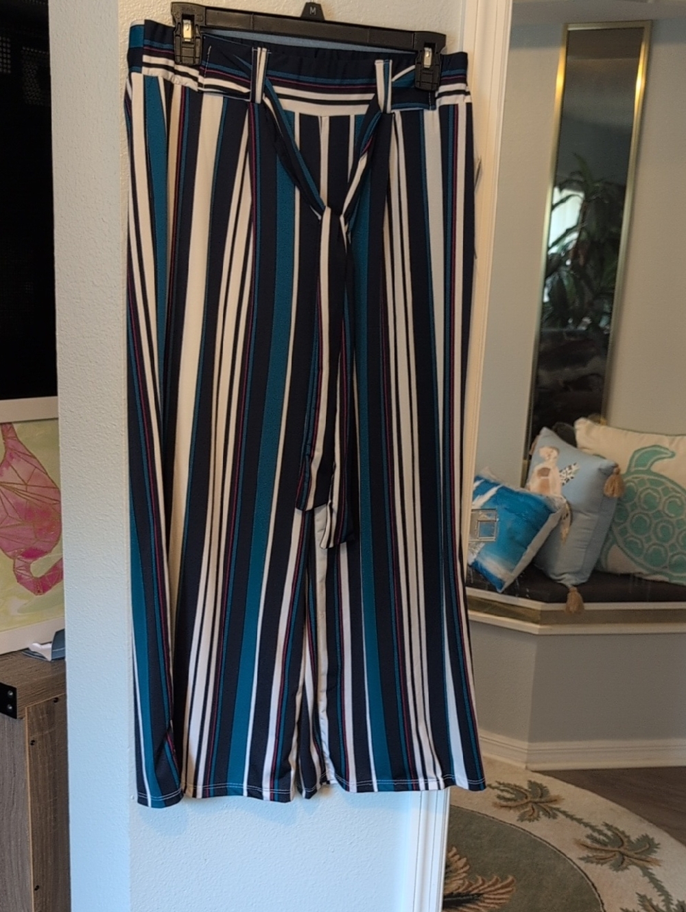Striped Wide-Leg Tie-Waist Pants in Teal, Navy & White